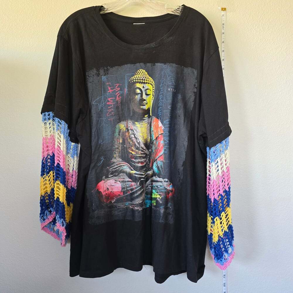 Buddha T with knit sleeves, Unisex Boho Loose Size XL-XXL